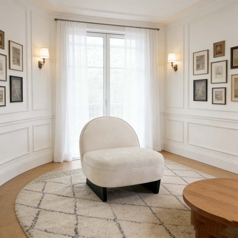 Chaise d'appoint en tissu Teddy, chaise longue gris moderne avec pieds en bois cintré, Blanc crémeux
