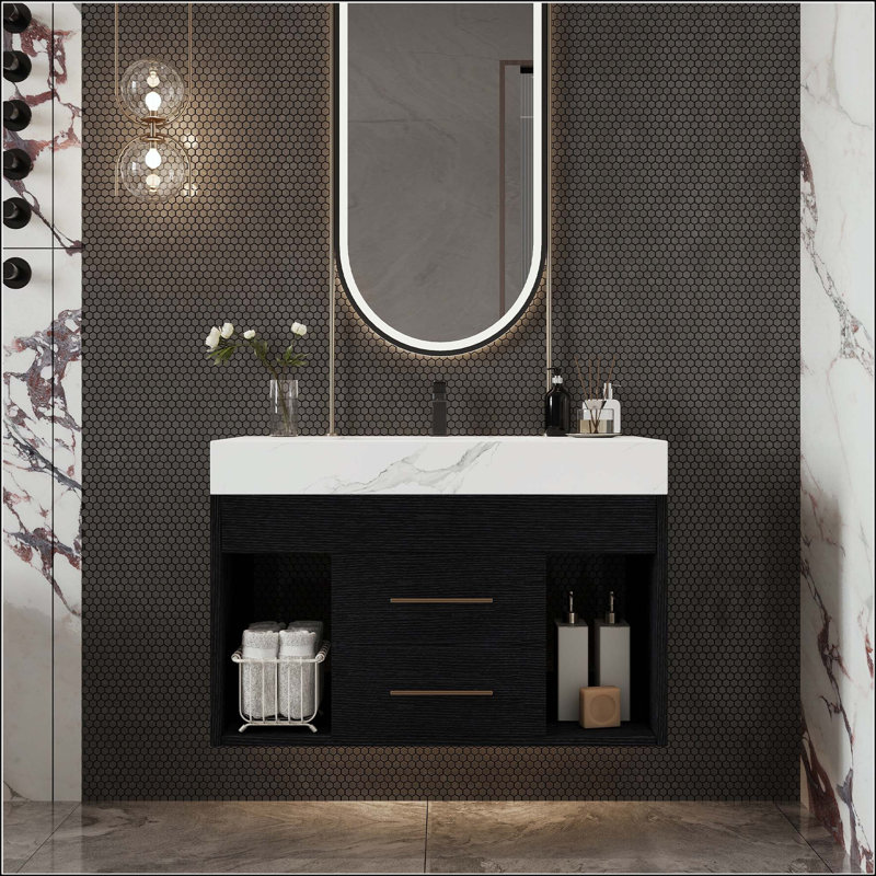 Meuble-lavabo mural 29,9 po avec plateau en pierre frittée