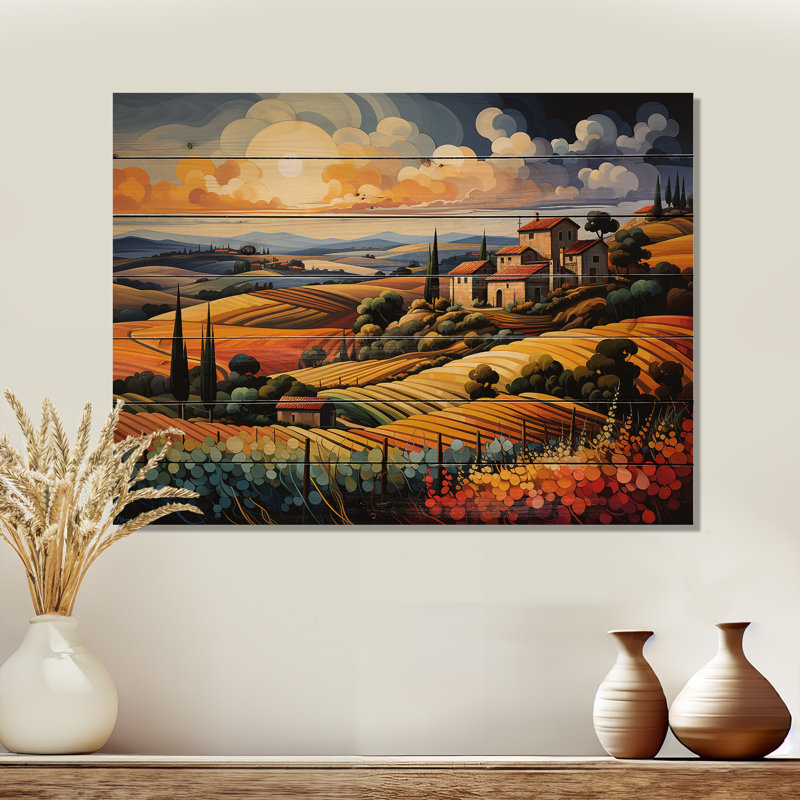 Italie, Toscane, vignobles, V, impression sur bois, H 30 po x l 40 po x P 0,78 po