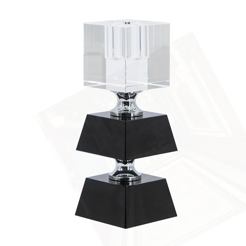 2.4X2.4X5.9" Black And Clear Two Tiered Square Candle Holder