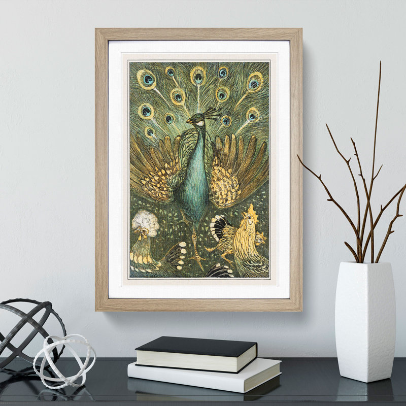 Peacock with Chickens by Theo Van Hoytema - Picture Frame Painting, Oak Framed, 36cm H x 27cm W x 2cm D