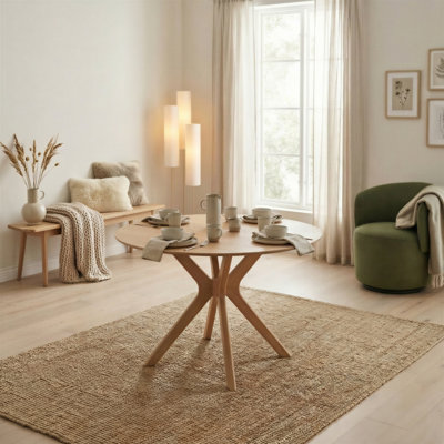 Metteman Circular Oak Veneer 6 Seater Dining Table With Bevelled Edge - Starburst Leg Design