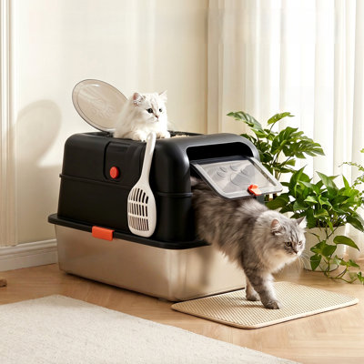 Litière pour chat 24 po x 16 po x 16 po en acier inoxydable avec double porte pour chats d'intérieur, bac à litière anti-diffusion simple et propre pour chat, noir