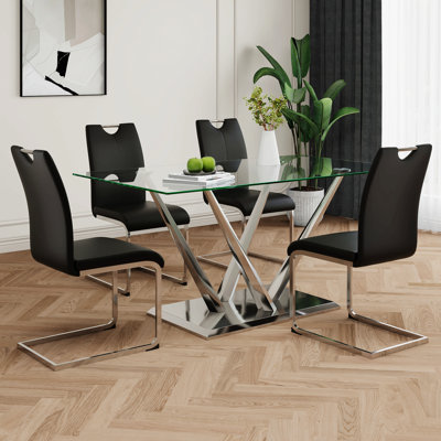 Modern Style Glass Dining Table, Elegant Transparent Design, Sturdy Stainless Steel Base, Dining Chairs Set, Electroplated Chair Legs, Suitable For Dining Room And Kitchen (Set Of 5)