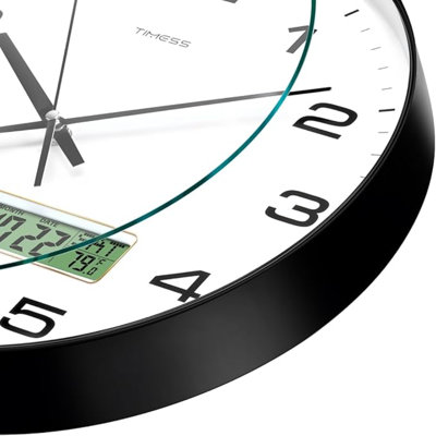 Horloge murale, cadran 12 po, analogique à pile, silencieux, avec affichage à cristaux liquides pour calendrier perpétuel et température F °, idéal pour maison moderne, chambre à coucher, cuisine, bureau (noir)
