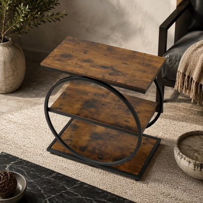 End Table, 3-Tier Narrow Side Table with Open Storage Shelves, Modern Nightstand Bedside Desk with Round Metal Frame, Wood Sofa Coffee Desk for Living Room, Bedroom, Office, Rustic Brown