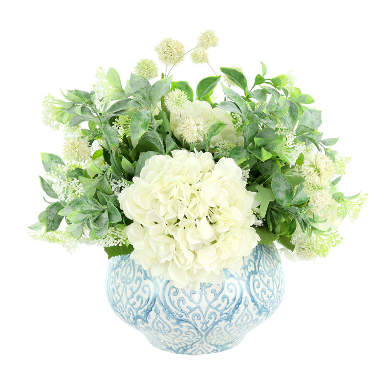 Hydrangea and Eucalyptus Faux Floral Arrangement, 13"H x 16"H x 16"D