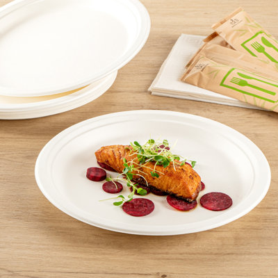 Restaurantware-Pulp Safe No PFAS Added 11.8 x 1 Inch Extra Large Round Plates, 100 Disposable Plates - Home Compostable, Microwavable And Freezable, White Bagasse Plates, For Hot And Cold Foods