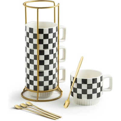 Ensemble de 4 tasses à café empilables avec support pour tasses à thé avec petite cuillère pour café, lait, cacao, tasse à café à motif damier pour cadeau de pendaison de crémaillère
