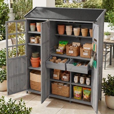 71.6"H X 60.6"W X 19.3"D Large Garden Storage Shed With Waterproof Roof, 3-Door Outdoor Tool Cabinet With Hidden Inner Workstation