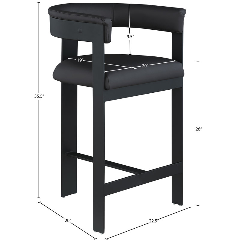 Romeo Hermi Vegan Leather Counter Stool, Black Vegan Leather, Matte Black Powder Coating