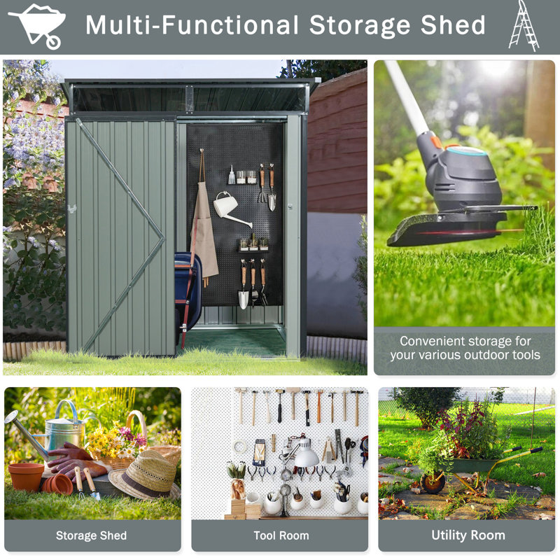 Outdoor Metal Storage Shed 5ft X 3ft Gray, Galvanized Iron Frames For Strength, Transparent Plate, Hinged Door, Easy Construction Steps - Stable And Build, Straightforward Assembly Method