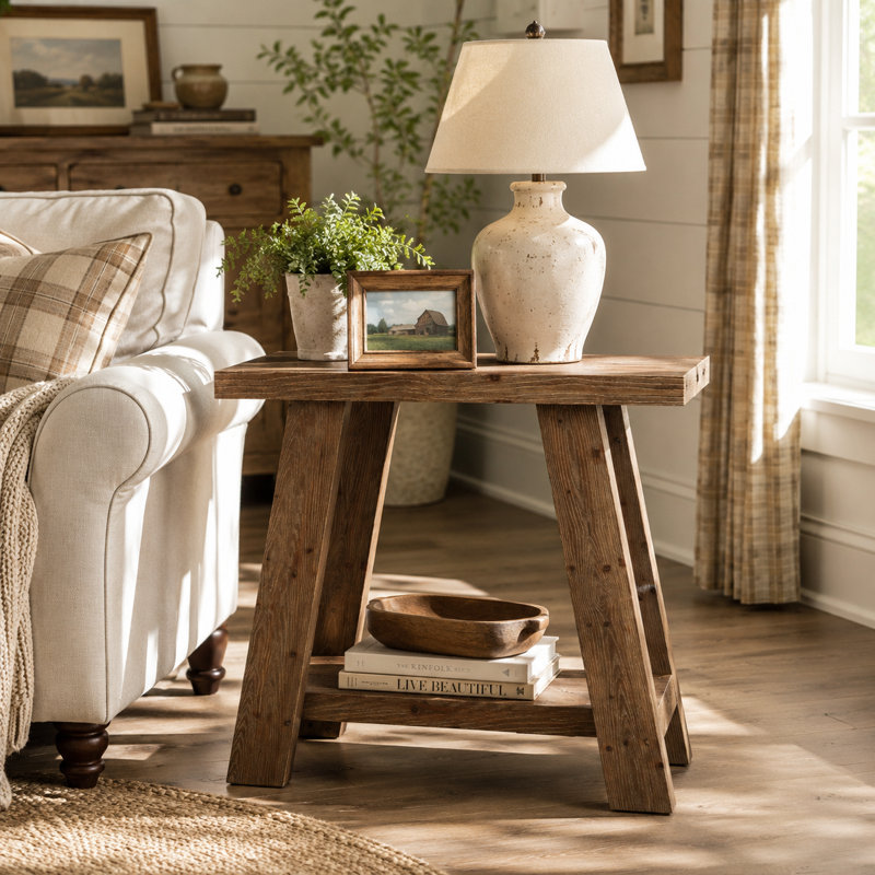 Table de bout en bois massif avec rangement, 2, Brown