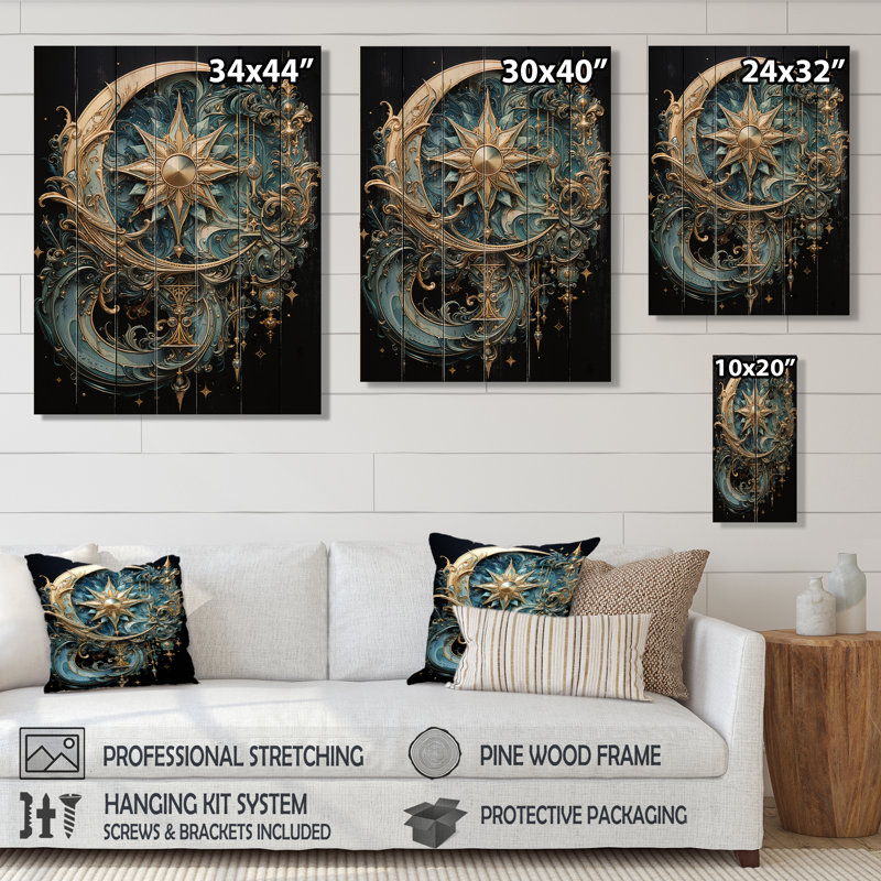 Symboles, croissant de lune et étoiles, impression sur bois naturel, H 40 po x l 30 po x P 0,78 po