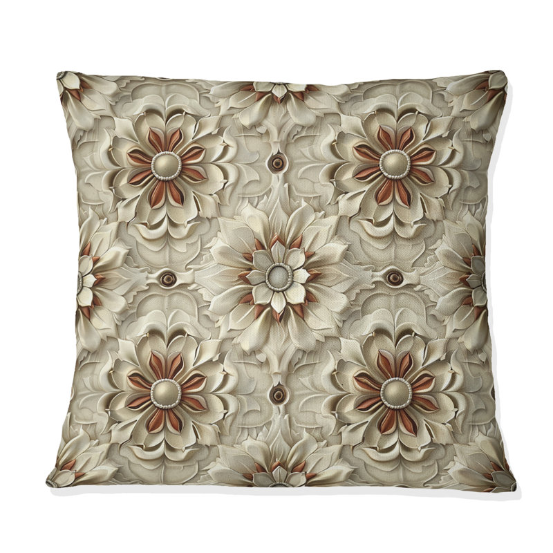 Coussin Beige blanc à motif floral II, H 16 po x l 16 po