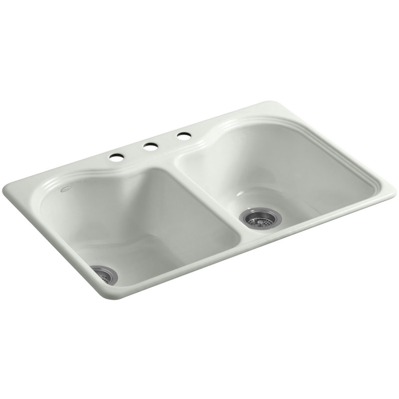 Hartland 33" L x 22" W x 9-5/8" Double Basin Drop-In Kitchen Sink, Sea Salt, 3 Hole