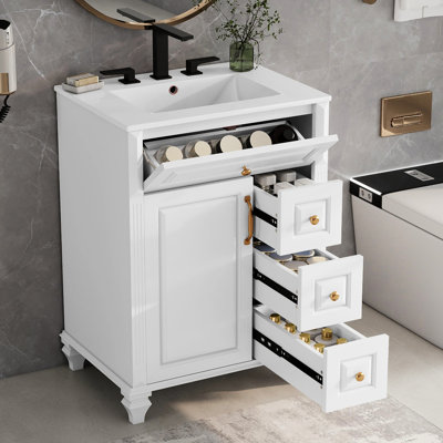 Meuble-lavabo autoportant 24 po blanc, structure en bois d'hévéa massif, 4 tiroirs, rangement pour porte, lavabo en céramique, meuble-lavabo facile à assembler 24 po pour la salle de bain, hévéa, poignées en alliage