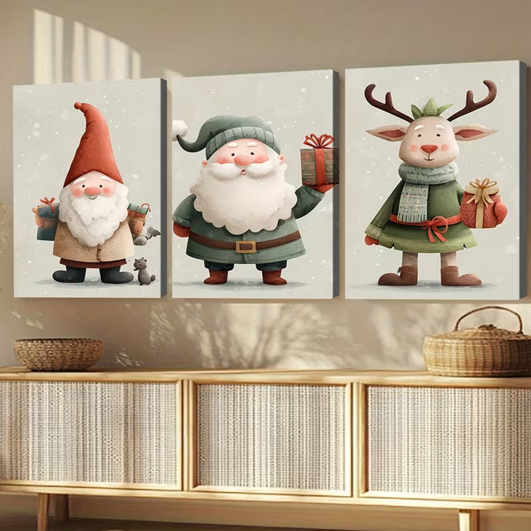 45*30,3Pcs Wooden Inner Frame Canvas Painting Art A Light Grey Background With Snowflakes, Gnome, Santa Claus.