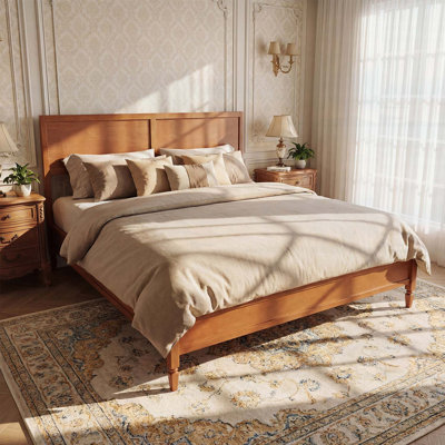 King Size Wood Platform Bed Frame with Classic Panel Headboard, Wooden Slats Support, No Box Spring Needed, Easy Assembly, Brown