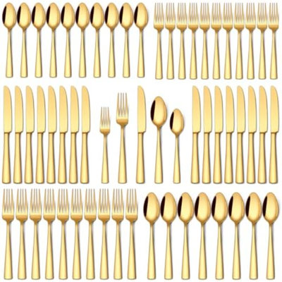 Ensemble de 60 couverts en or 60 pièces, couverts en acier inoxydable de qualité alimentaire pour 12 couverts polis en miroir comprenant des couteaux de table, des cuillères et des fourchettes