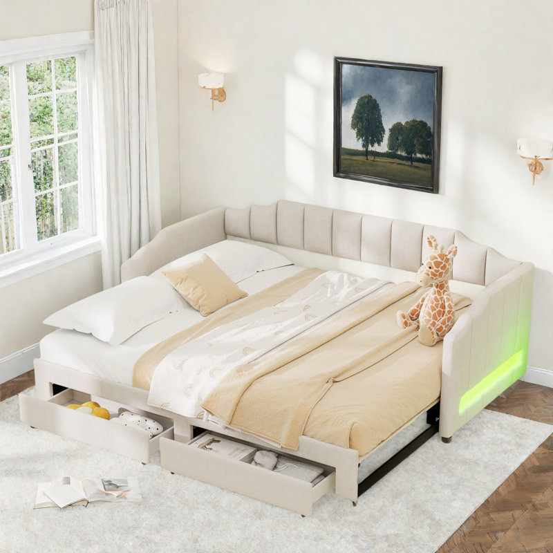 Extendable Upholstered Daybed With 2 Storage Drawers And Led Light, Beige
