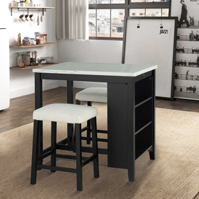 3 - Piece Counter Height Solid Wood Marble Tabletop Dining Set with USB Ports and Stools