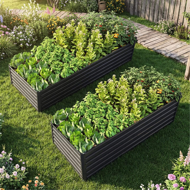 2 Pack 8X4x2 Ft Black Galvanized Raised Garden Bed, Rectangle Planter For Vegetables, Flowers, And Herbs, Wind - , Easy & Fast Assembly Metal Black, Planting Open Bottom Water Drainage, Comfortable