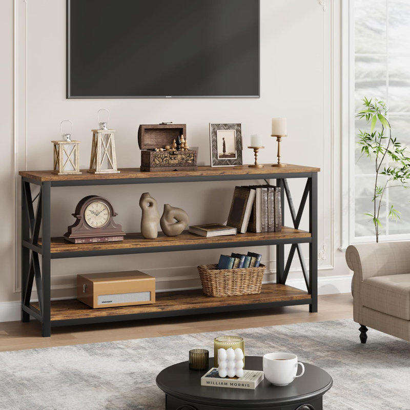 55'' Console Table, 3 - Tier Narrow Long Entryway Table With Storage, Brown Wood