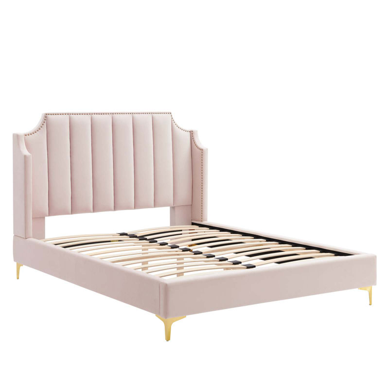 Pink Velvet Queen Platform Bed with Tufted Headboard and Nailhead Trim