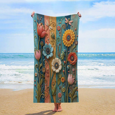Boho Colorful Floral Embroidery Large Beach Towel Quick Dry Sand Free, Microfiber Lightweight Ultra Absorbent Pool Towel for Summer Vacation Travel Beach, 30 x 60 in