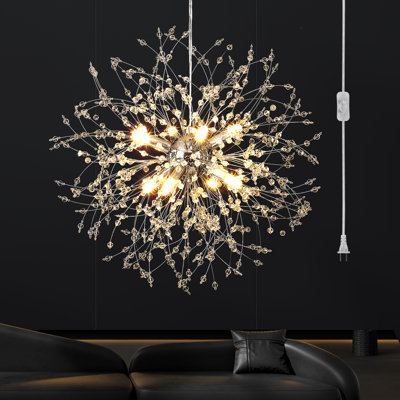 Lustre Sputnik chromé à 8 lumières, motif pissenlit, avec cordon d'alimentation et interrupteur, intensité variable, idéal pour îlot de cuisine, chambre, salon, salle à manger et entrée.