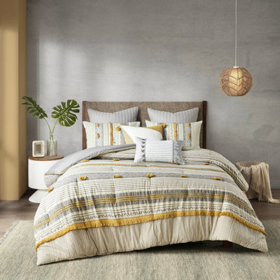 Gray/Yellow Cotton Comforter Queen, Striped With And Trims, Filling, , Outstanding Bedding Full/Queen Gray/Yellow, Stripe , Inner, Attractive