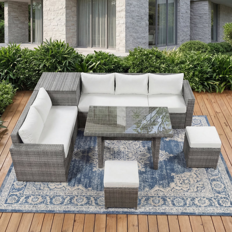 6-Piece All-Weather PE Rattan Patio Sectional Conversation Sofa Set with Adjustable Seats, Storage Box, Removable Covers & Tempered Glass Table