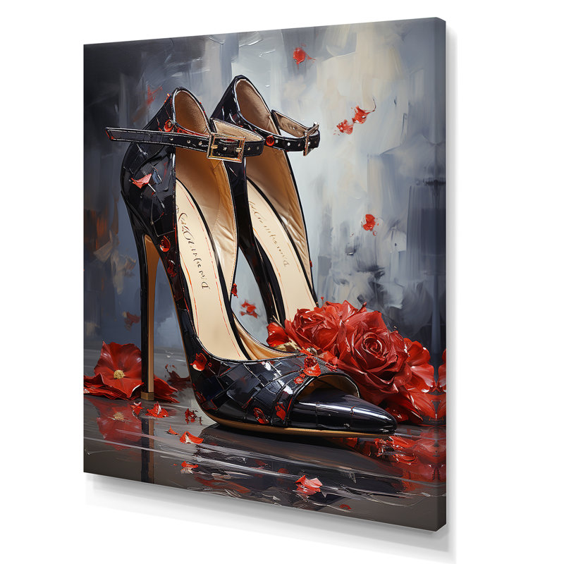 Élégance florale noire et rouge à talons hauts - mode, talons hauts, art mural, Toile tendue, H 32 po x l 24 po x P 1 po