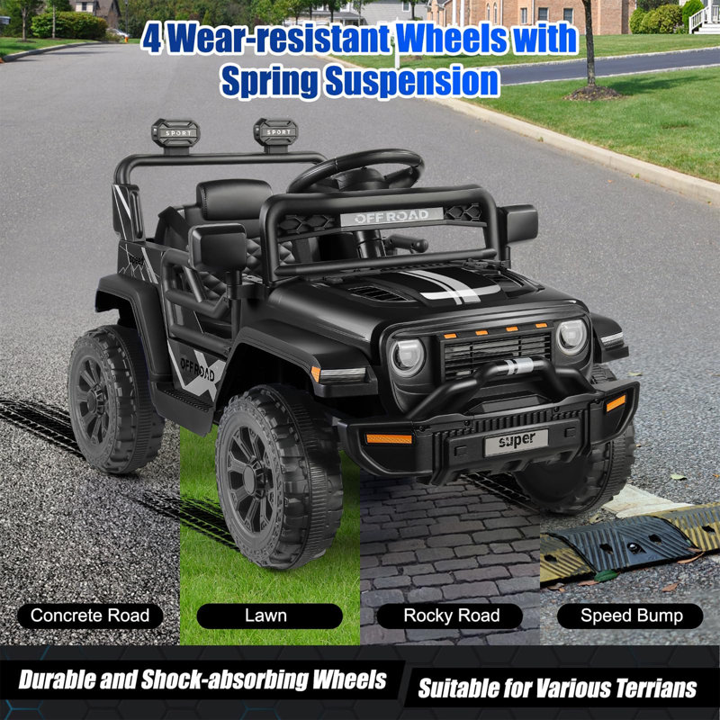Alex Kids 12V Electric Ride On Car SUV Truck with Remote Control, Light, Music, Safety Belt, Spring Suspension, Black, Black