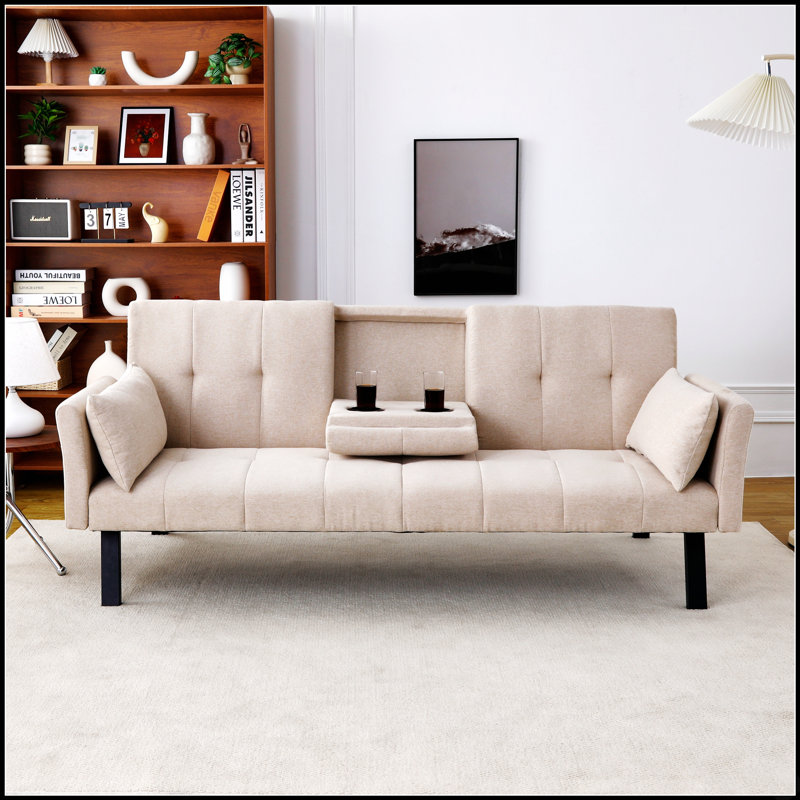 Versatile Cotton Linen Convertible Sofa Bed with Cup Holder and Side Storage for Compact Living Spaces