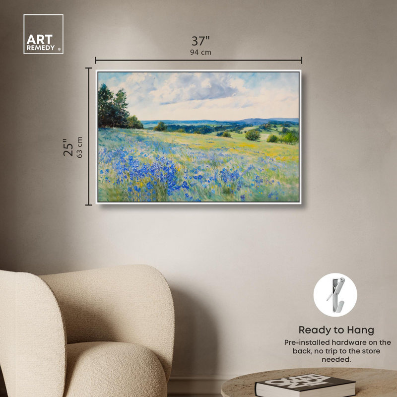 «Sky Over Blue Fields» par Art Remedy, H 25 po x l 37 po, Cadre flottant blanc
