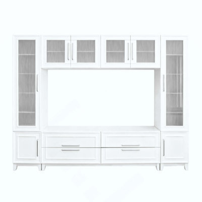 Meuble audio-vidéo mural moderne avec portes en verre pour téléviseur de 75 po ou moins, meuble télé minimaliste avec tiroirs pour le salon
