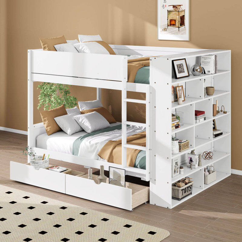 Lit superposé double au-dessus de double avec tablettes de rangement, structure de lit superposé en bois avec 2 tiroirs et armoire à couches multiples