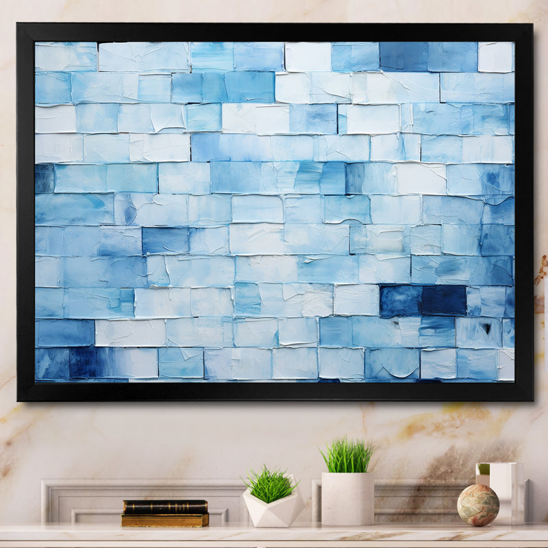 Carreaux scandinaves blancs et bleus I - décoration murale mosaïque bohème, Cadre d'angle fermé noir