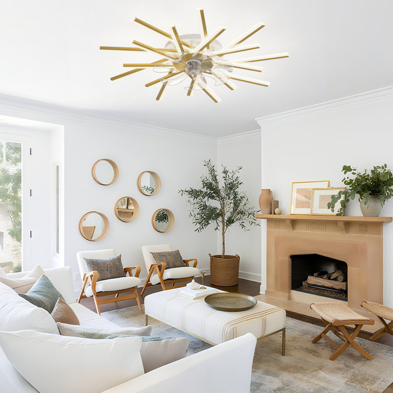 Ventilateur de plafond réversible à intensité variable à 6 vitesses de 36,22 po avec lumières DEL et télécommande Hanke, Doré