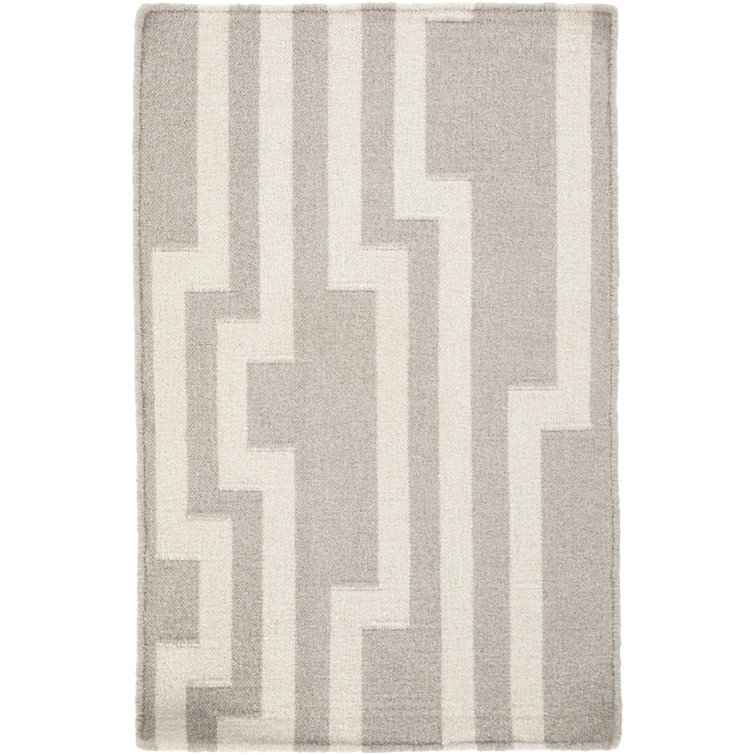 Tapis gris / ivoire en laine tissé à la main à motif géométrique