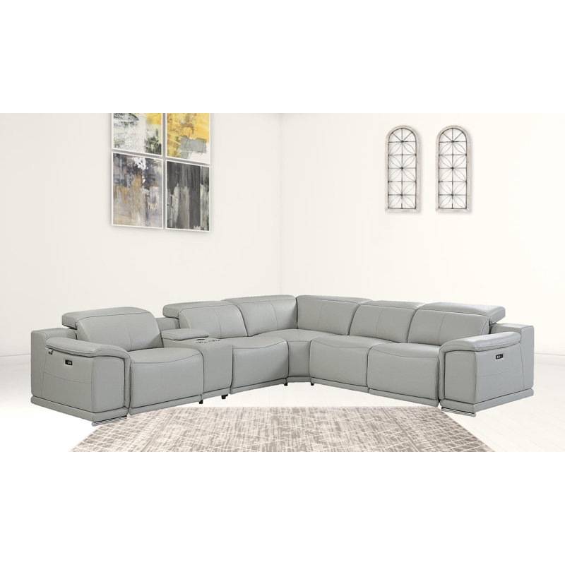 Canapé modulaire en forme de U inclinable électrique en cuir italien avec console, Cuir fleur gris clair