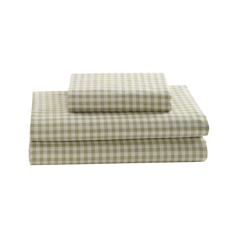 Gingham 250 Thread Count Plaid 100% Cotton Percale Sheet Set, Full/Double Sheet Set with 2 Standard Pillowcase, Green