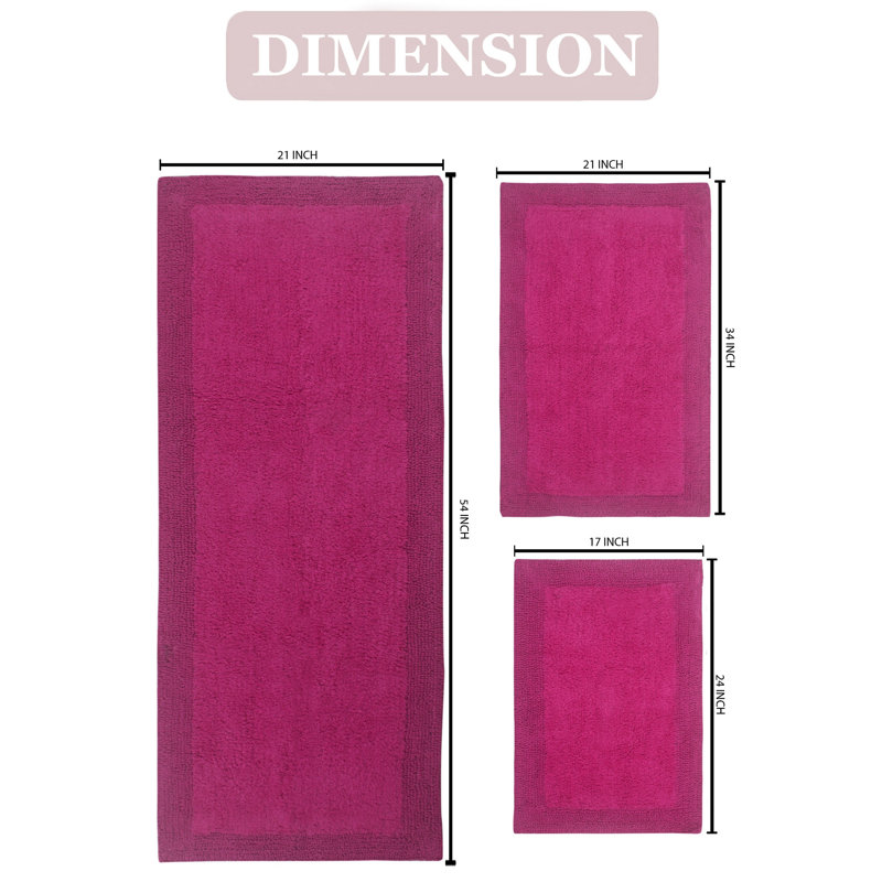 Bruss Luxury 100% Cotton Reversible Bath Rug (Set of 3), Hot Pink