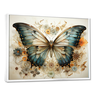 Teal Beige Butterfly Intricate Patterns - Butterfly Wall Art