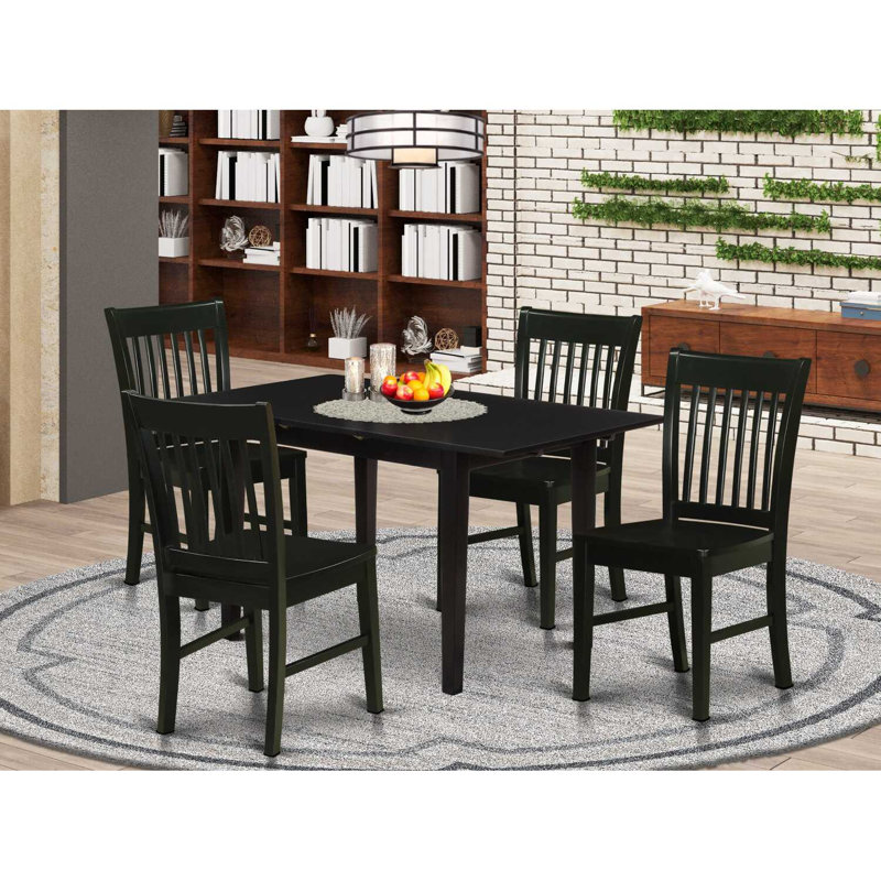 5 Piece Dining Table Set for 4 Includes a Rectangle Kitchen Table with Butterfly Leaf and 4 Dining Room Chairs, Black, Black