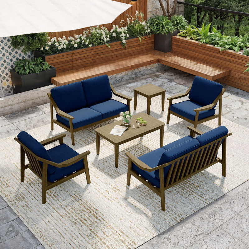 Bruzovice Teak Outdoor Six-person Patio Set With Cushions And Two Tables, Brown, Navy