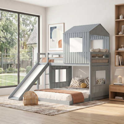 Solid Wood Twin Over Full Bunk Bed, Loft Bed,Reversible Installation,With Playhouse, Ladder, Slide And Guardrails,Safeguard Full Length Railings,Easy To Assembly