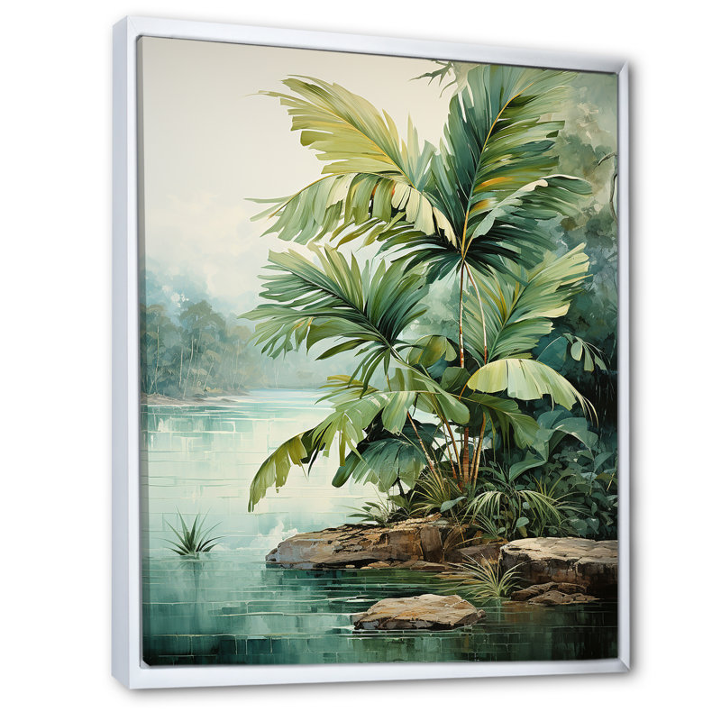 «Beachside Palms Tranquility I», impressions sur toile de palmiers et de palmiers, Cadre flottant blanc